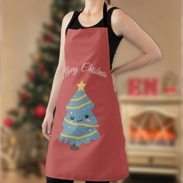 Tablier Apron rouge avec arbre de Noël Kawaii (Red Apron with Kawaii Christmas Tree )