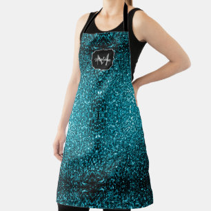 Tablier Aqua bleu brillant faux paillettes scintille Monog