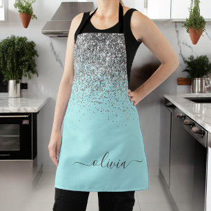 Tablier Aqua Bleu Turquoise Argent Paillettes Monogramme