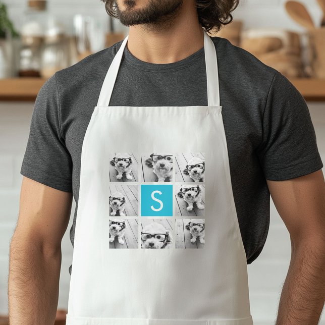 Tablier Aqua Blue Photo Collage personnalisé Monogramme (Custom Apron with a Photo Collage)