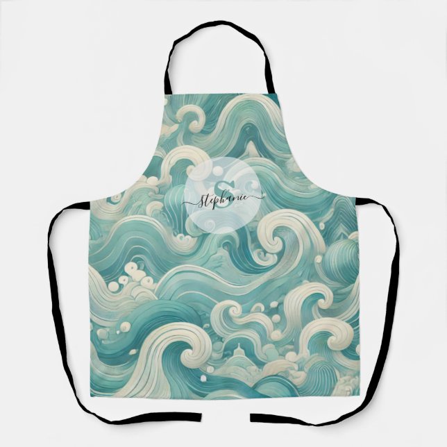 Tablier Aqua Blue & White Wave Abstraite - Art moderne Flu (Recto)