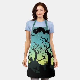Tablier Aqua et cimetière jaune hanté Halloween