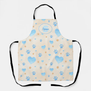 Tablier Aquarelle Bleu Coeurs et Empreintes de pattes Moti
