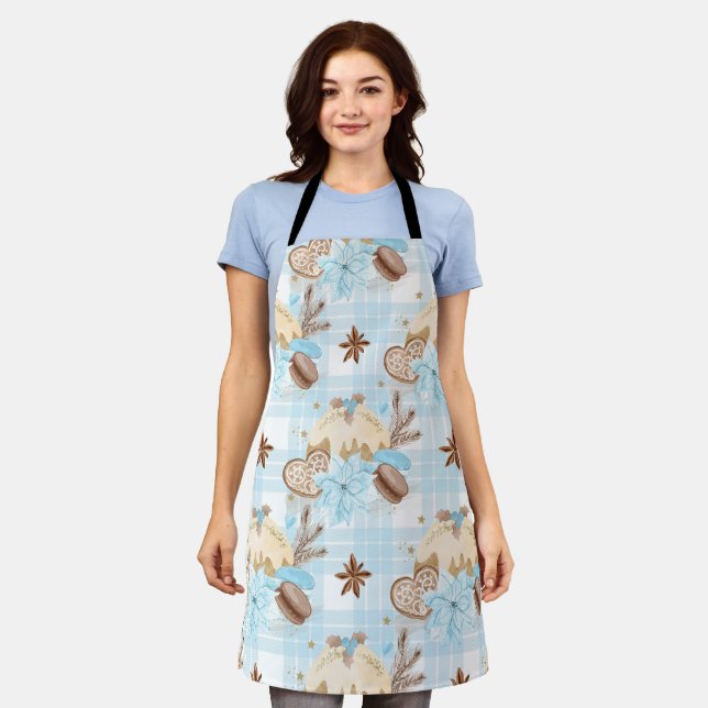 Tablier Aquarelle Bleu Plaid Cookies de Noël & Pudding (Porté)