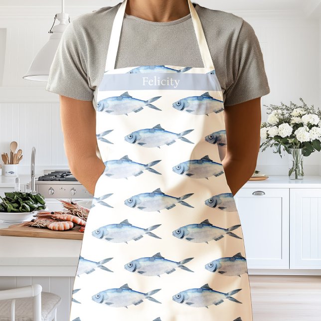 Tablier Aquarelle Bleu Poisson Côtier (Watercolor blue fish apron personalized custom name)