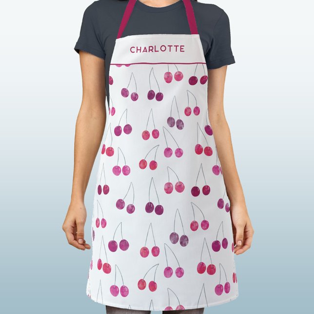 Tablier Aquarelle cerise personnalisée (Pretty watercolor cherry pattern personalized custom name text apron)