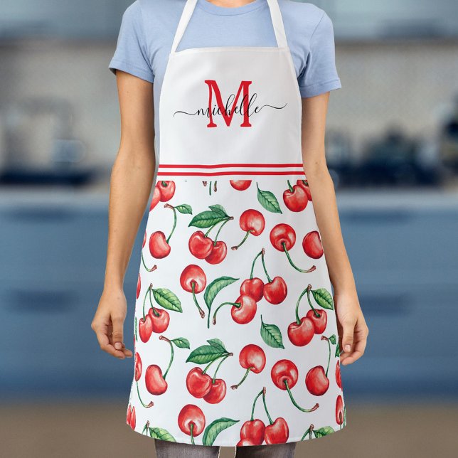 Tablier Aquarelle Cerises Monogramme Apron blanc (Créateur téléchargé)