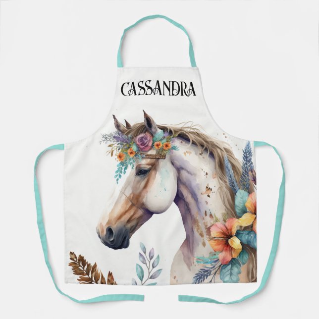 Tablier Aquarelle cheval boho fleurs automne moy pays (Recto)