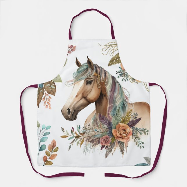 Tablier Aquarelle cheval boho fleurs automne moy pays (Recto)