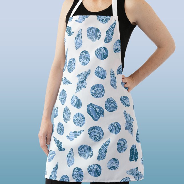 Tablier Aquarelle coquillage nautique côtier bleu (Modern sea shell coastal nautical watercolor pattern apron)
