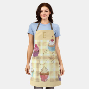 Tablier Aquarelle Cupcake Jaune Plaid Monogramme Baker