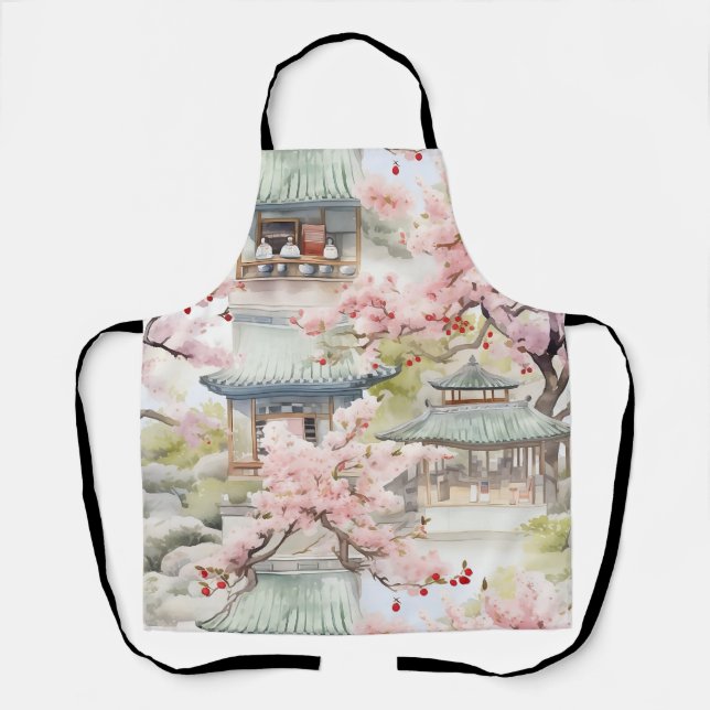 Tablier Aquarelle de la pagode asiatique au milieu des fle (Recto)