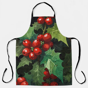Tablier aquarelle de Noël feuilles de houx botanique