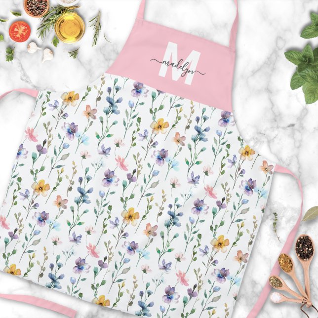 Tablier Aquarelle fleur sauvage rose Nom personnalisé (Wildflower Watercolor Pink Custom Name Apron)