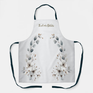 Tablier Aquarelle Fleurs blanches Cadre doré Argent Turquo