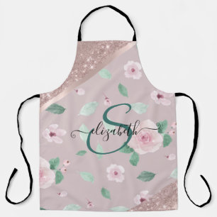 Tablier Aquarelle Fleurs Rose or Monogramme