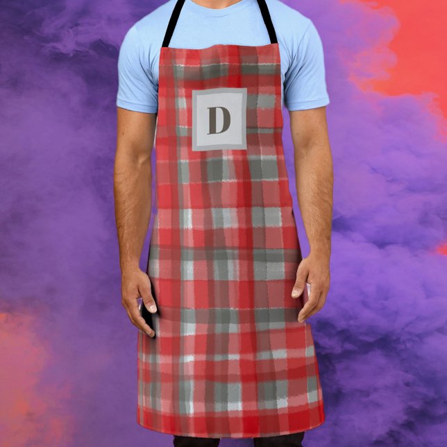 Tablier Aquarelle gris-rouge du buffle de monogramme (Créateur téléchargé)