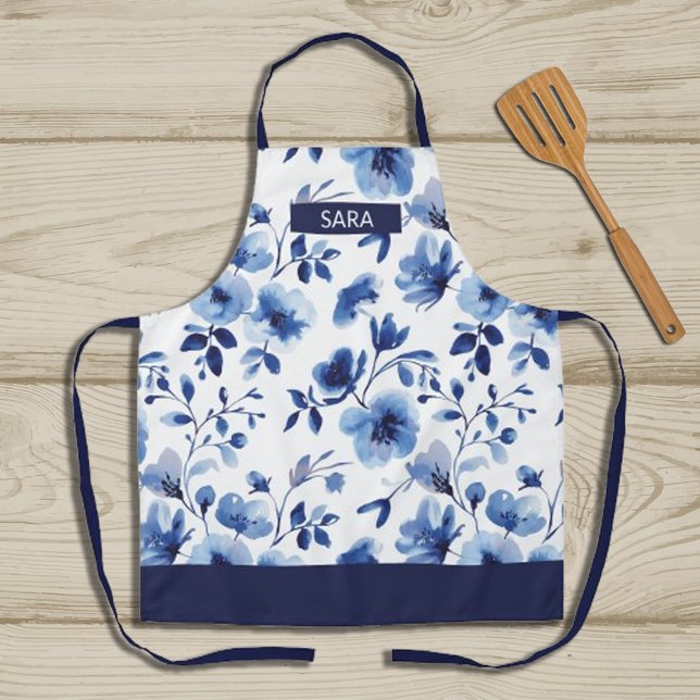 Tablier Aquarelle Ice Blue Floral (Watercolor Ice Blue Floral Apron, #watercolorfloral #iceblueflowersapron #motherdaygift #wintergift)