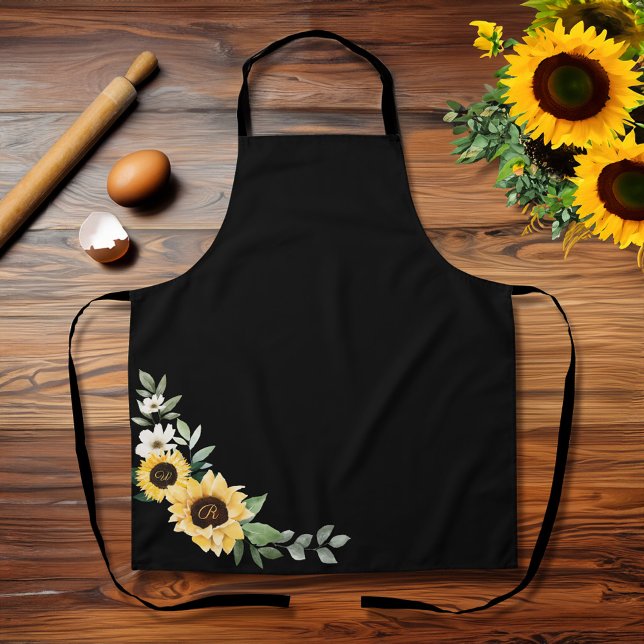 Tablier Aquarelle jaune tournesols et monogramme Fleur sau (Yellow Watercolor Sunflowers & Wildflower Monogram Apron)