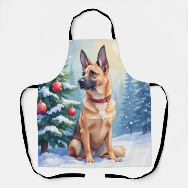Tablier Aquarelle Malinois belge Noël Evergreen (Recto)