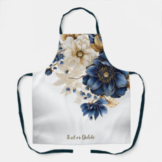 Tablier Aquarelle Marine Bleu Blanc Or Floral Argent