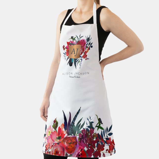 Tablier Aquarelle marine rouge floral or cuivre monogrammé (Insitu)