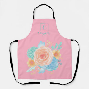 Tablier Aquarelle moderne Floral Monogramme rose pâle Turq