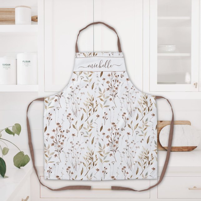 Tablier Aquarelle monochrome Fleurs sauvages Brown Feuille (In situ)