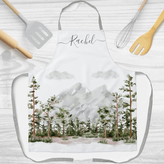 Tablier Aquarelle monogramme Montagne et forêt (Close up)