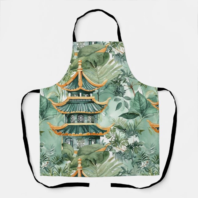 Tablier Aquarelle Pagode asiatique dans paysage verdoyant  (Recto)