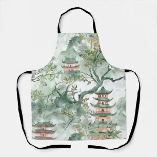 Tablier Aquarelle Pagode asiatique dans paysage verdoyant 