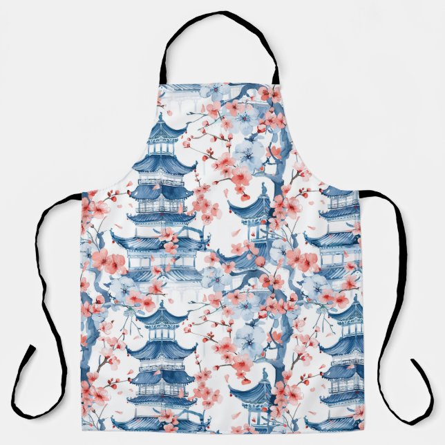 Tablier Aquarelle Pagode chinoise avec fleurs de cerisiers (Recto)