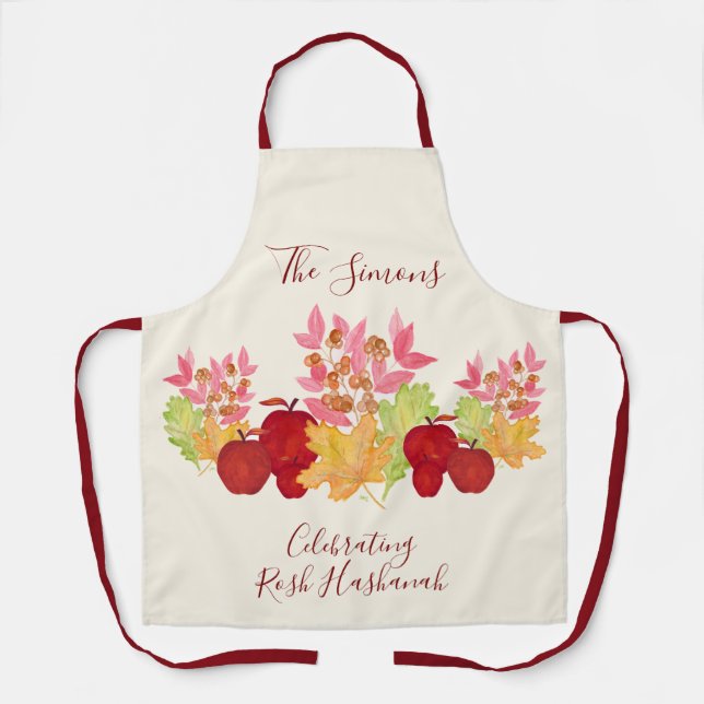 Tablier Aquarelle peinte à la main Feuille Pommes Rosh Has (Recto)