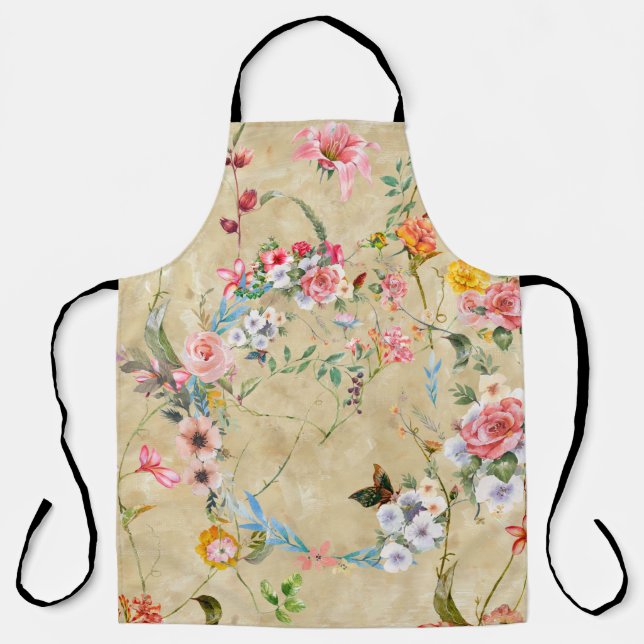 Tablier Aquarelle peinture feuille et fleurs, sans soudure (Recto)