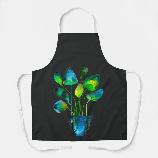 Tablier Aquarelle plante art vert et bleu abstrait (Recto)