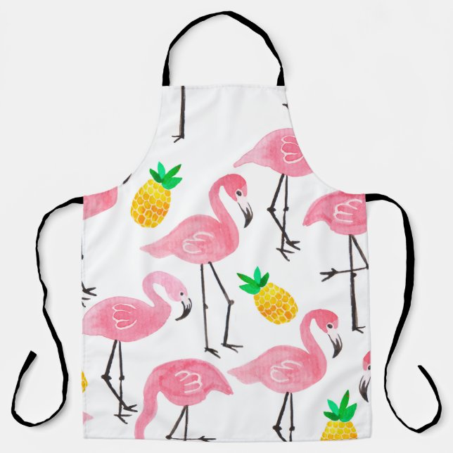 Tablier Aquarelle rose flamant rose et ananas jaune  (Recto)