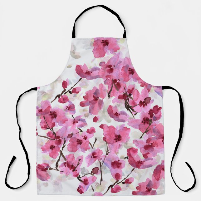 Tablier Aquarelle rose Fleur Cerisier Sans Couleur. (Recto)