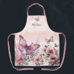 Tablier Aquarelle rose moderne Papillon Fleur sauvage<br><div class="desc">Élégant rose floral rose moderne aquarelle papillon Nom Script Classeur de recette</div>