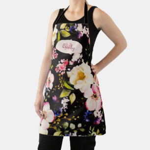 Tablier Aquarelle rose Roses jaunes sur noir, Monogramme
