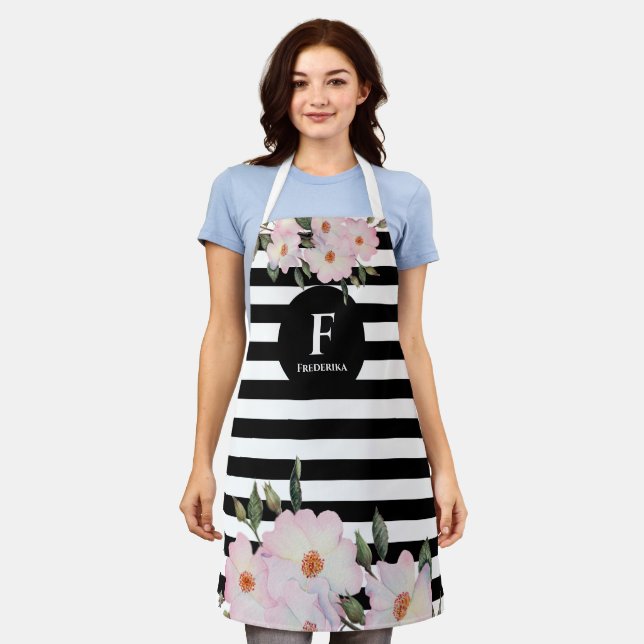 Tablier Aquarelle Roses roses Ballerina Monogrammes Bandes (Porté)