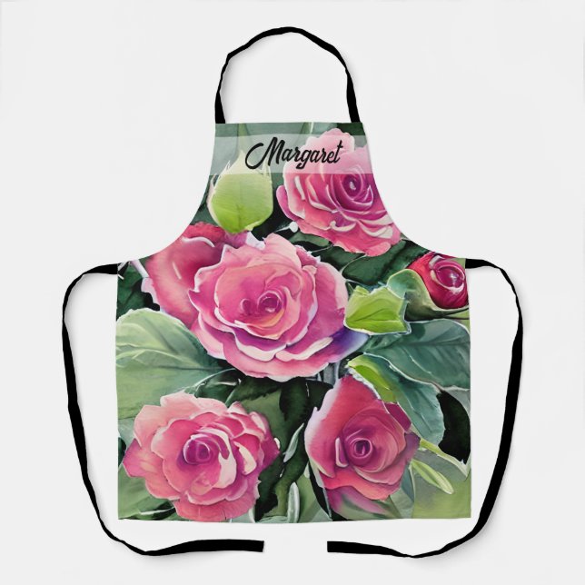 Tablier Aquarelle Roses Rouges Personnalisé (Recto)