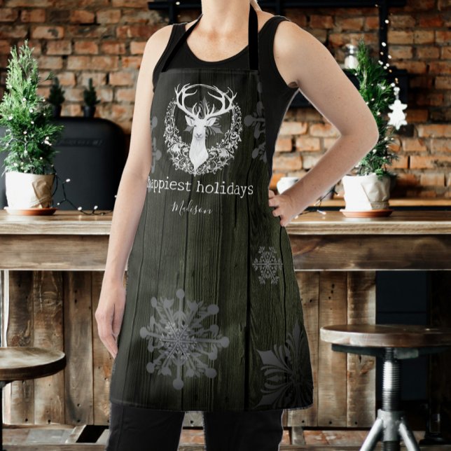 Tablier Aquarelle rustique renne blanc Personnaliser vert (Green Rustic Watercolor White Reindeer Personalized Apron)