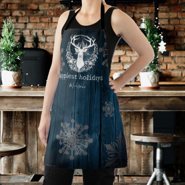 Tablier Aquarelle rustique Rinder blanc Personnaliser Bleu (Blue Rustic Watercolor White Reindeer Personalized Apron)