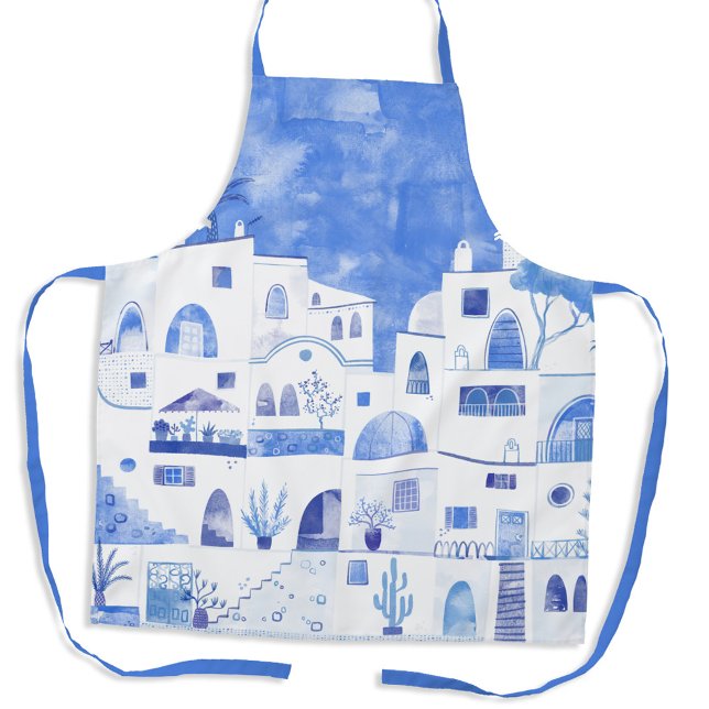 Tablier Aquarelle Santorin (Watercolor painting of Santorini, Greece in blue and white on an apron)