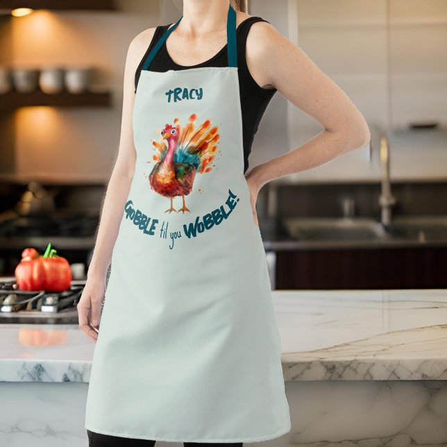 Tablier Aquarelle vert clair irrégulier Turquie Thanksgivi ("Gobble til you Wobble" festive light green apron with a watercolor turkey.)