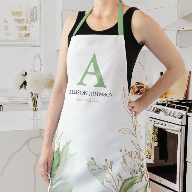 Tablier Aquarelle verte personnalisée avec initiale (Créateur téléchargé)
