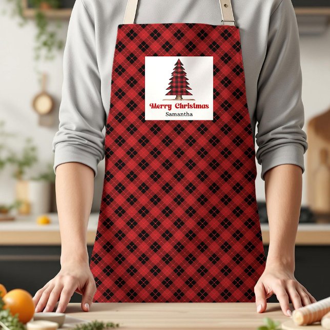 Tablier Arbre à carreaux de Buffalo Cozy Kitche de vacance (Cozy Buffalo Plaid Tree Custom Name Holiday Kitchen Apron)