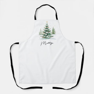Tablier Arbre de Noël à l'aquarelle avec écriture simple