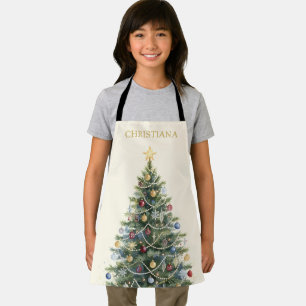 Tablier Arbre de Noël aquarelle rustique personnalisé