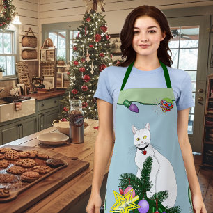 Tablier Arbre de Noël drôle et festif Chat blanc drôle Ver